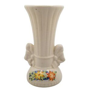 Vintage Cottagecore Ceramic Bud Vase Bow Handles Floral Decal Cream Color Decor